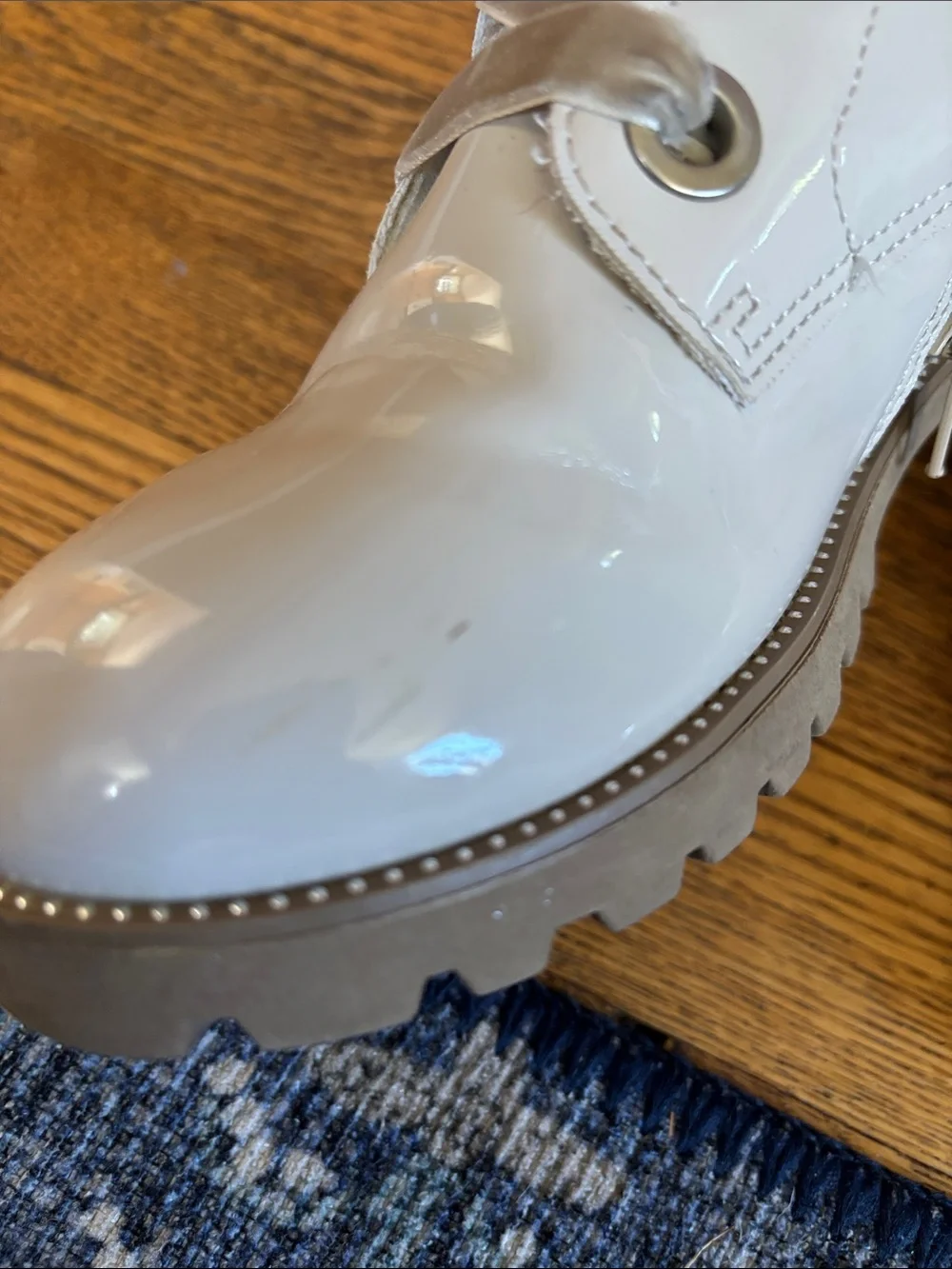 Girls' Cream Patent Lace-Up Boots with Scalloped Collar and Glitter Heel